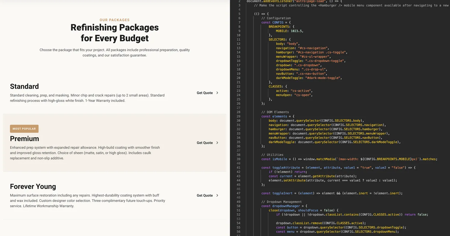 website being built — live preview alongside hand-coded source